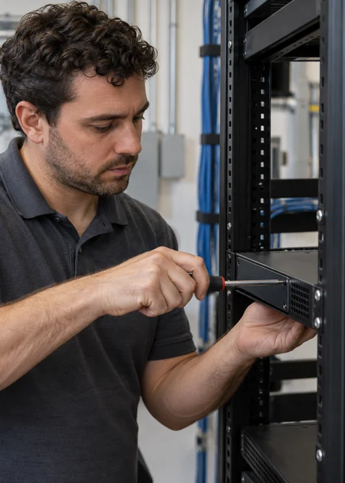 Technician securing audiovisual equipment in a rack with a screwdriver.